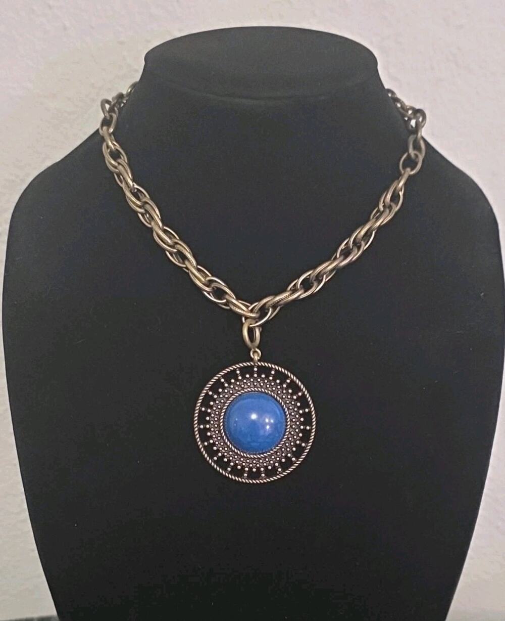 Vintage Premier Designs Chain Necklace Removable Blue Lucite Cabochon Pendant